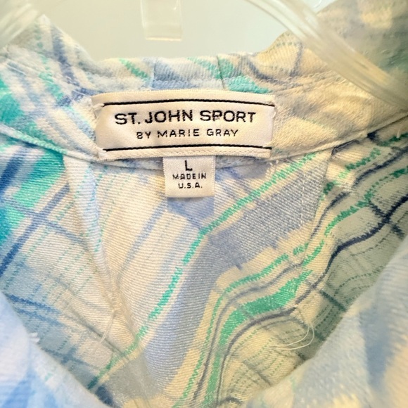 St John Cream/Teal/Blue Watercolor Plaid Gold Zip Jacket Size Large $425 - Picture 8 of 13